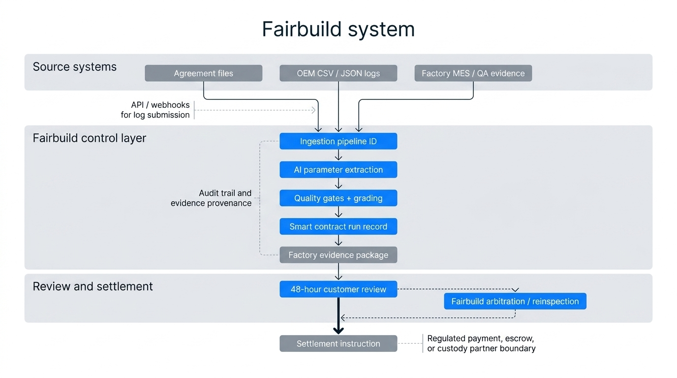 Fairbuild system diagram showing source intake, AI extraction, quality gates, partner funding state, factory evidence verification, 48-hour customer review, arbitration or re-inspection, and settlement instruction.